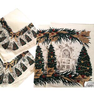 Christmas Holiday Themed Placemats Napkins 100% Cotton Trees Holly Candle Set 2